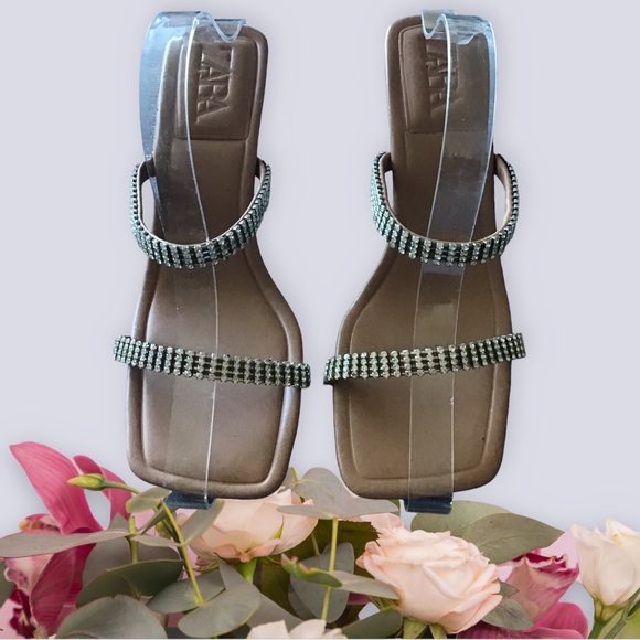 ZARA Slides 2 Strap Open Toe Silver Rhinestones 3” Heel - Picture 2 of 8
